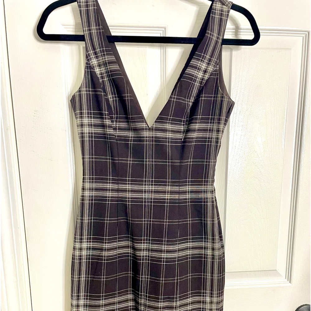 Brown and beige striped double V-neck wool blend dress